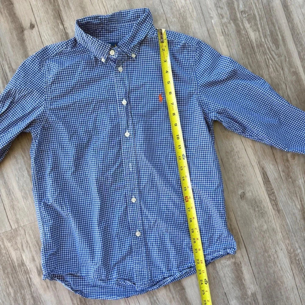 Ralph Lauren Boys Blue Gingham Button Down Shirt Large 14-16 Orange Pony Logo